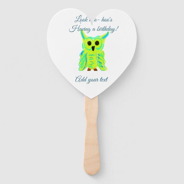Cute green blue pastel owl pun add text birthday t hand fan (Front)
