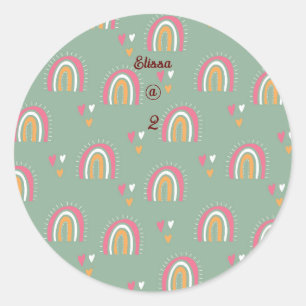 Cute Green Boho Rainbow Birthday Custom Name Classic Round Sticker