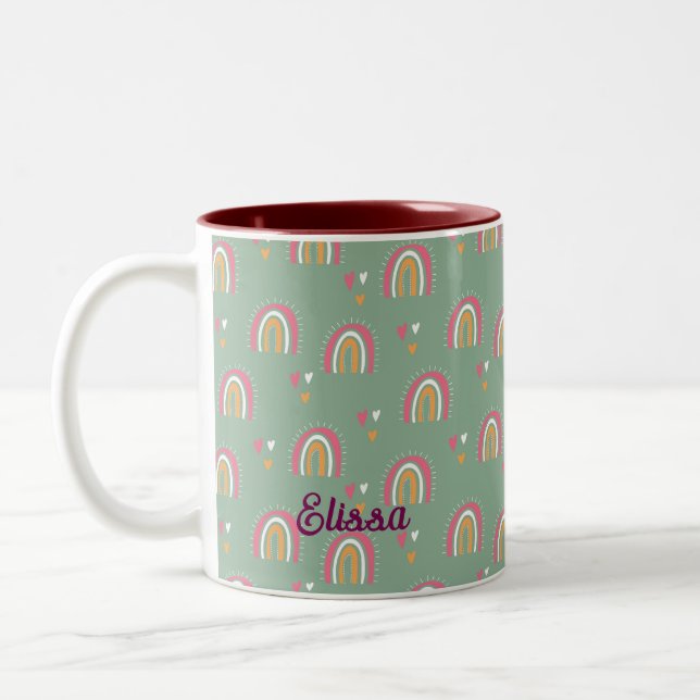 Cute Green Boho Rainbow Heart Custom Name Two-Tone Coffee Mug (Left)
