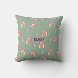 Cute Green Boho Rainbow Heart Nursery Personalised Cushion
