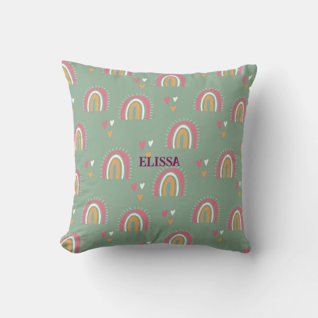 Cute Green Boho Rainbow Heart Nursery Personalised Cushion (Front)