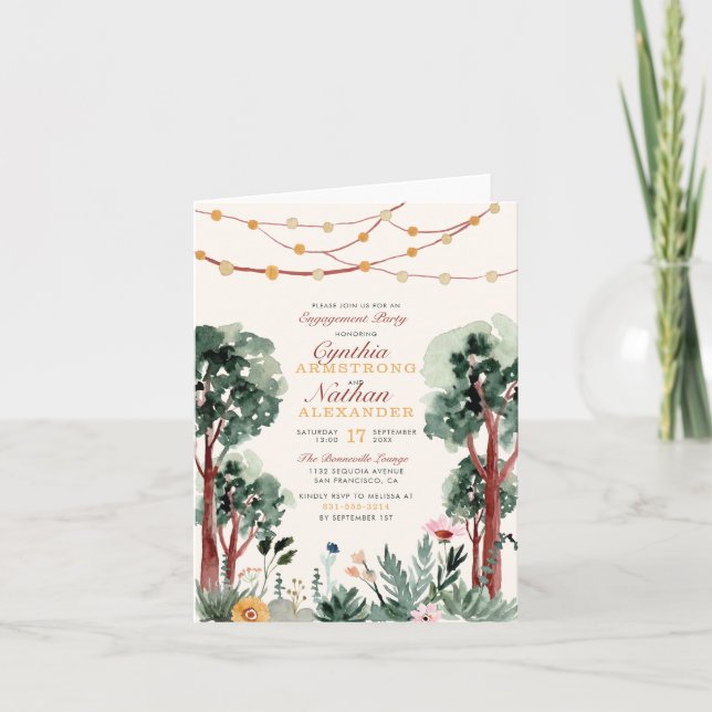Cute Green Botanical Trees Floral Engagement Party Invitation (Front)