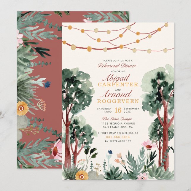 Cute Green Botanical Trees Floral Rehearsal Dinner Invitation (Front/Back)