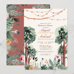Cute Green Botanical Trees Floral Rehearsal Dinner Invitation