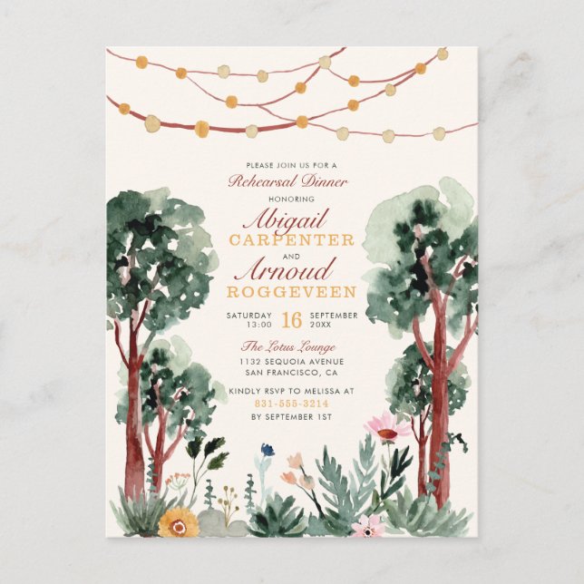 Cute Green Botanical Trees Floral Rehearsal Dinner Invitation Postcard (Front)