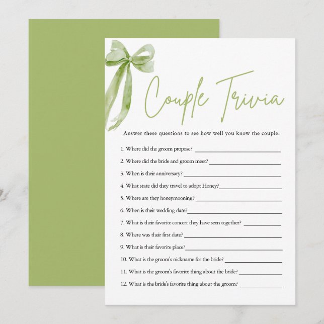 Cute Green Bow Couple Trivia Bridal Shower Game  Invitation (Front/Back)