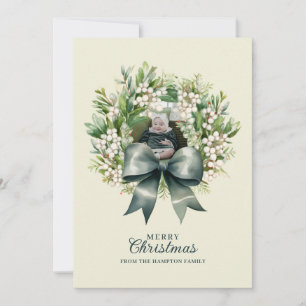 Cute Green Bow Wreath Photo Christmas Holiday Card