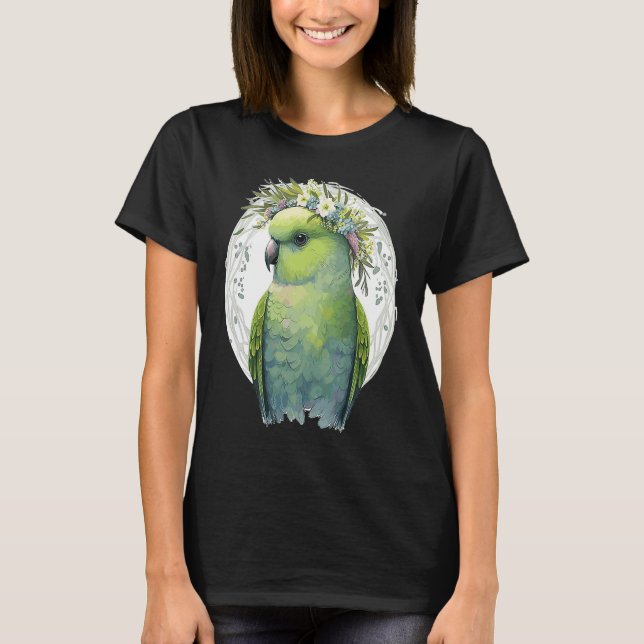 Cute Green Budgie Parakeet Bird Flower Crown Pet B T-Shirt (Front)