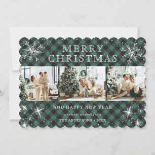Cute Green Buffalo Plaid Snowflake 3 Photo Collage Holiday Card