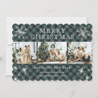 Cute Green Buffalo Plaid Snowflake 3 Photo Collage Holiday Card