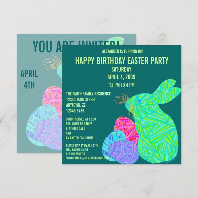 Cute Green Bunny Fun Easter Theme Birthday Invitation (Front/Back)