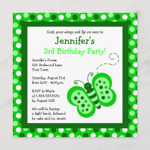 Cute Green Butterfly w/ Polka Dots Birthday Invite