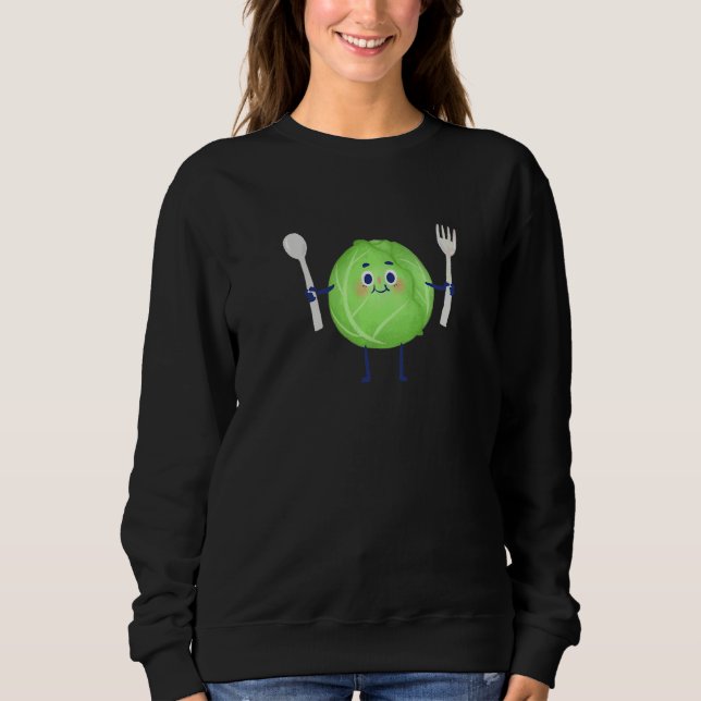 Cute Green Cabbage Vegetable Holding Fork And Spoo Sweatshirt (Front)