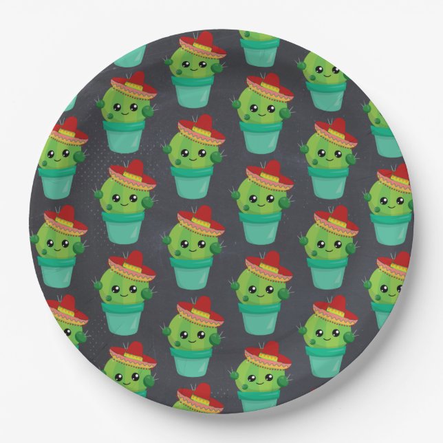 Cute Green Cactus in a Red Sombrero Pattern Paper Plate (Front)