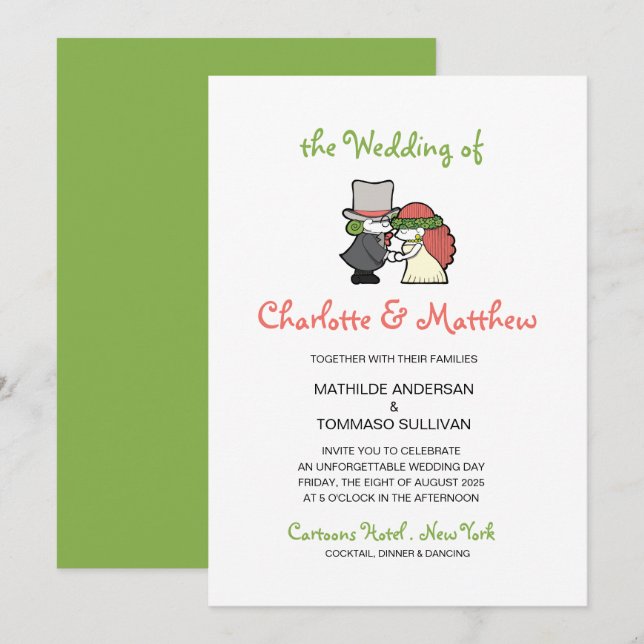 Cute Green Cartoon Characters Whimsical Wedding Invitation (Front/Back)