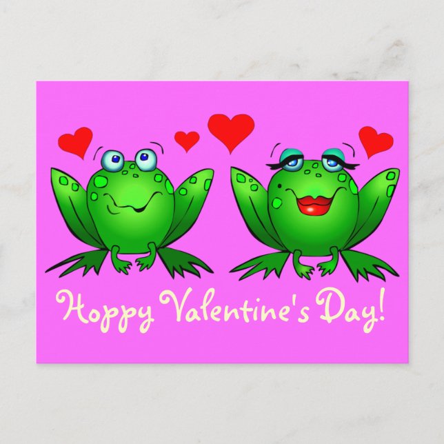Cute Green Cartoon Frogs Hoppy Valentines Day Pink Holiday Postcard (Front)