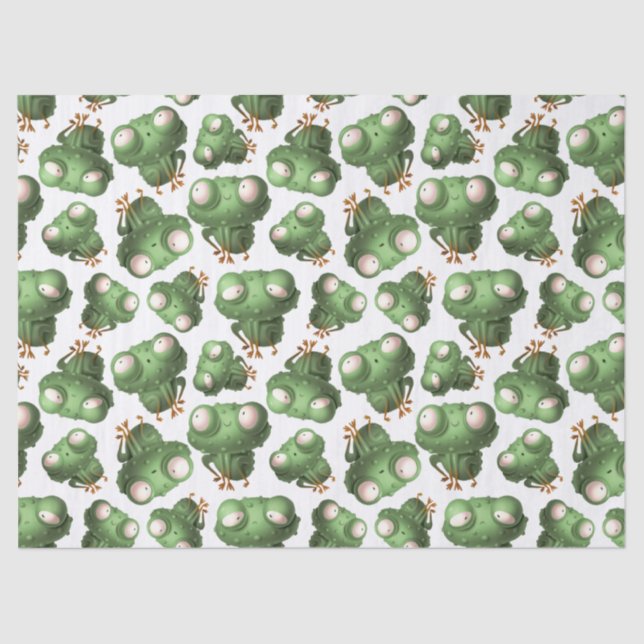 Cute Green Cartoon Frogs on White Decoupage Tissue Paper (Front)