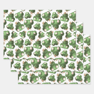 Cute Green Cartoon Frogs on White Wrapping Paper Sheet