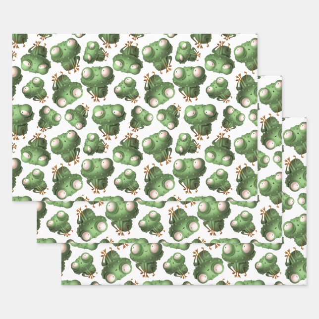 Cute Green Cartoon Frogs on White Wrapping Paper Sheet (Set)