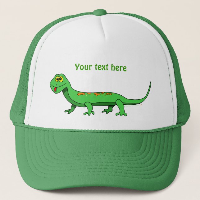 Cute Green Cartoon Lizard Reptile Trucker Hat (Front)