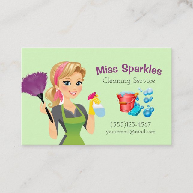 Cute Green Cartoon Maid House Cleaning Service Business Card (Front)