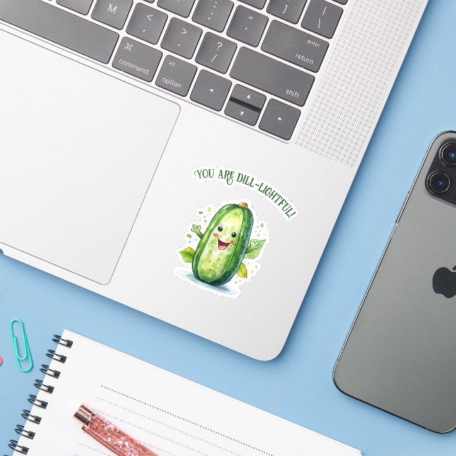 Cute Green Cartoon Pickle (Laptop w/ iPhone)