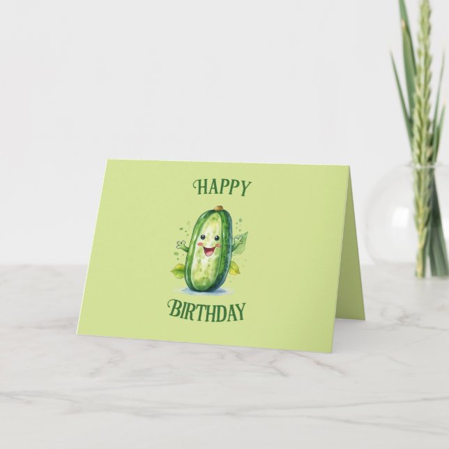 Cute Green Cartoon Pickle Birthday Card (Front)