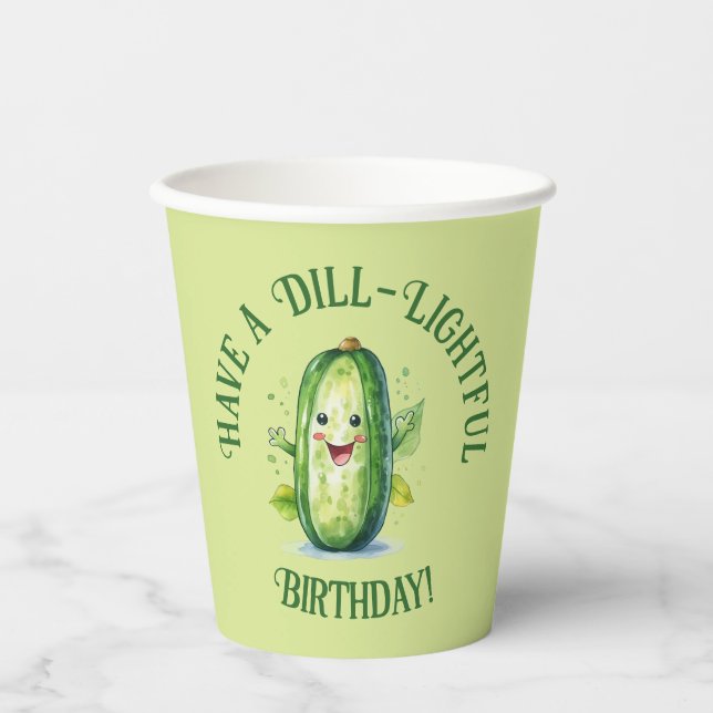 Cute Green Cartoon Pickle Birthday Paper Cups (Front)