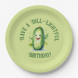 Cute Green Cartoon Pickle Birthday Paper Plate