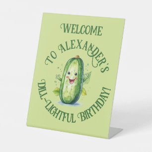 Cute Green Cartoon Pickle Birthday Pedestal Sign