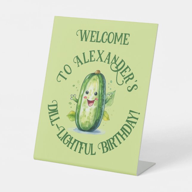 Cute Green Cartoon Pickle Birthday Pedestal Sign (Front)