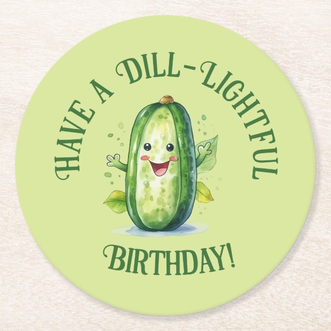 Cute Green Cartoon Pickle Birthday Round Paper Coaster (Front)