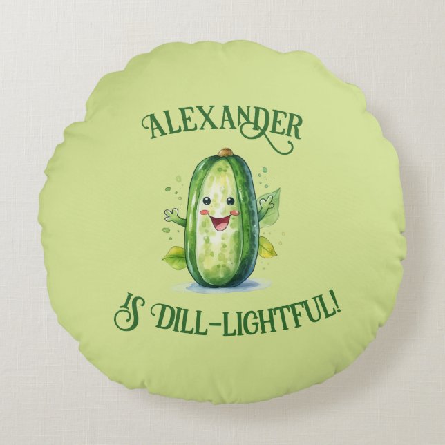 Cute Green Cartoon Pickle Round Cushion (Front)