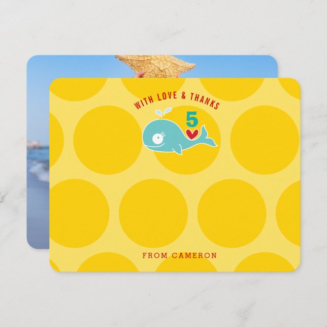 Cute Green Cartoon Whale Kid Birthday Party Photo Thank You Card (Front/Back)