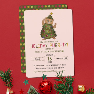 Cute Green Cat Pun Christmas Tree Holiday Party Invitation