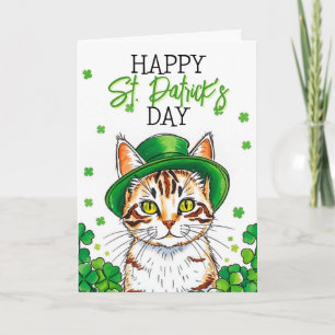 Cute Green Cat with Shamrocks St Patrick's Day Card