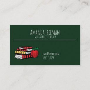 Cute Green Chalkboard and Books Substitute Teacher Business Card
