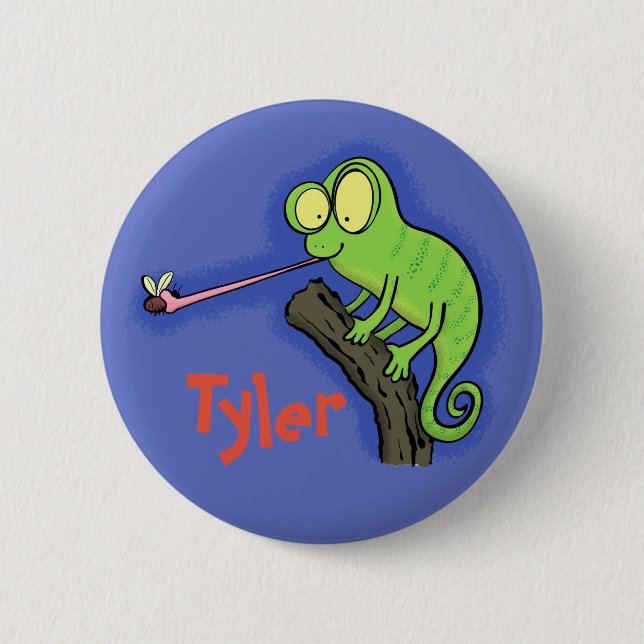 Cute green chameleon catching a bug cartoon button (Front)