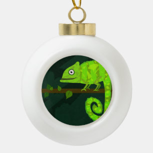 Cute Green Chameleon Illustration Tropical Reptile Ceramic Ball Christmas Ornament