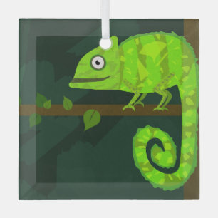 Cute Green Chameleon Illustration Tropical Reptile Glass Tree Decoration
