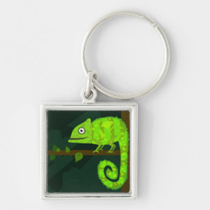 Cute Green Chameleon Illustration Tropical Reptile Key Ring
