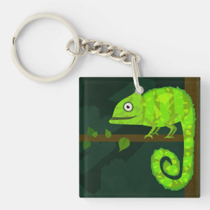 Cute Green Chameleon Illustration Tropical Reptile Key Ring