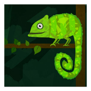 Cute Green Chameleon Illustration Tropical Reptile Poster