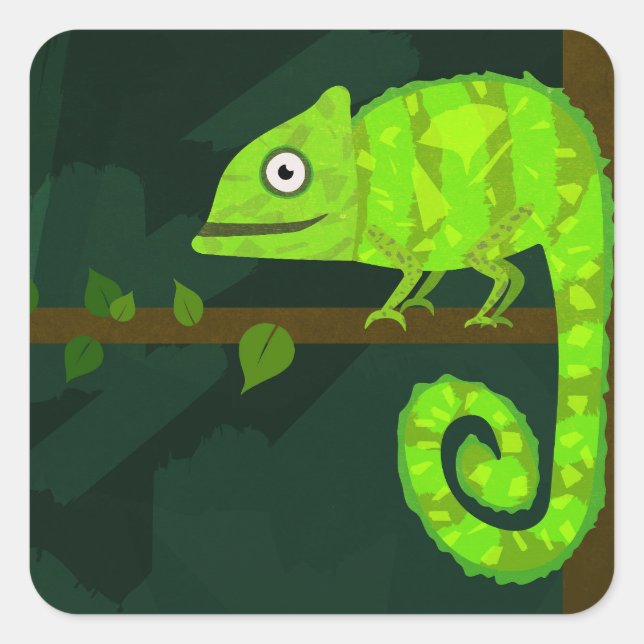 Cute Green Chameleon Illustration Tropical Reptile Square Sticker (Front)