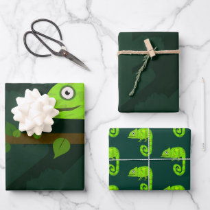 Cute Green Chameleon Illustration Tropical Reptile Wrapping Paper Sheet