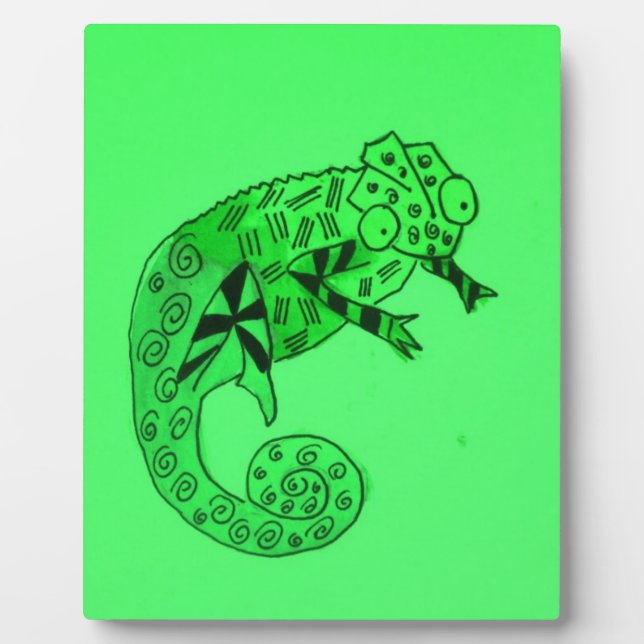 Cute Green chameleon lizard art illustration Plaque (Front)