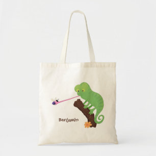 Cute green chameleon lizard cartoon personalised tote bag
