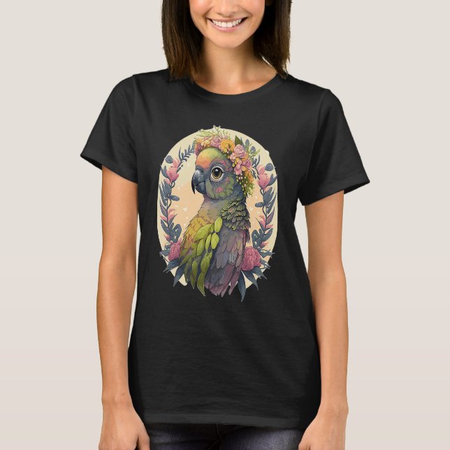 Cute Green Cheek Conure Parrot Bird Flower Crown P T-Shirt (Front)