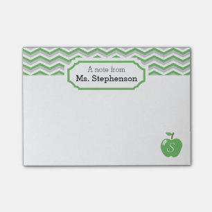 Cute Green Chevron Apple Monogrammed Teacher Note
