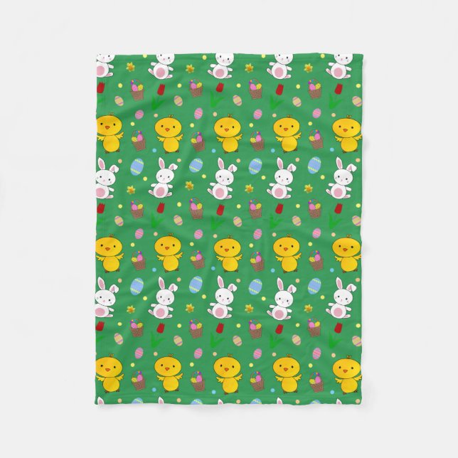 Cute green chick bunny egg basket easter pattern fleece blanket (Front)